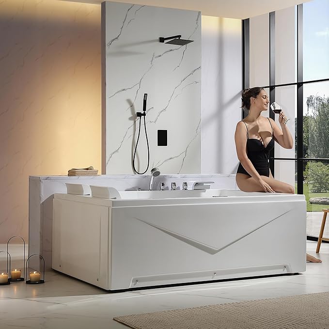 Empava 2 Person Heated Soaking Whirlpool Bathtub, 71” Jetted Tubs with 16 Jets(8 Water Jetted + 8 Air Bubble), Acrylic SPA Bath Tub, with LED control panel, Faucet and two white pillows