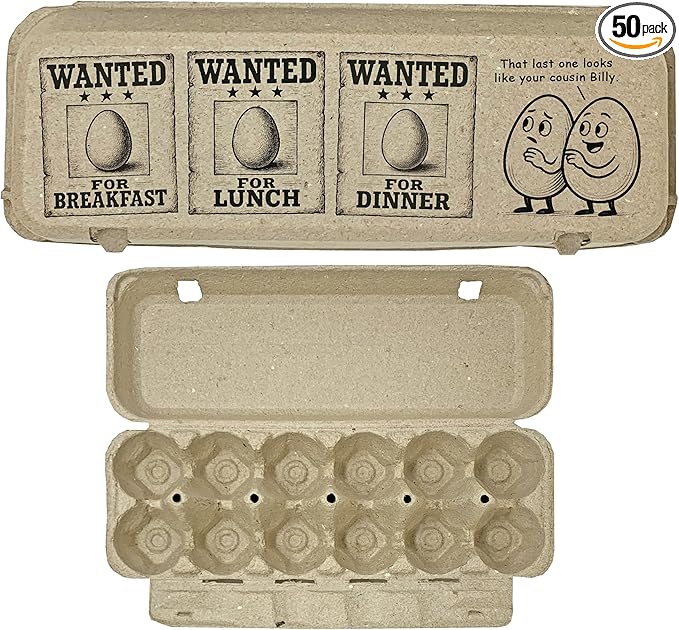 Egg Outlaws Egg Cartons – 50-Pack – Funny Egg Carton with Wild West Wanted Poster Design – Giftable and Eco-Friendly Farm Fresh Egg Packaging