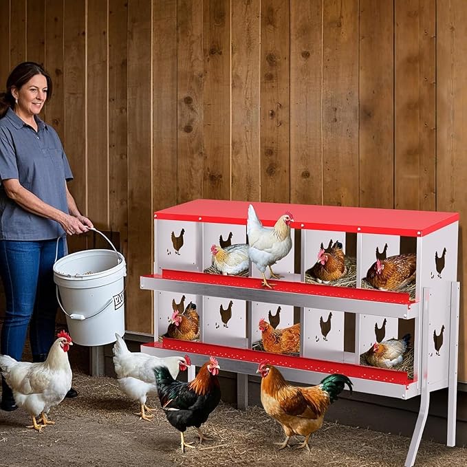 Metal Chicken Nesting Box, 10 Compartments, Rollout Egg Collection, Large Vented Holes, Perch Included, Wall Mount or Free Standing Laying Box for Hens and Chickens - Red with Legs