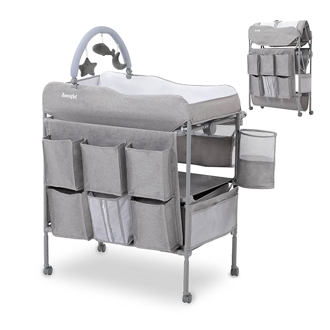 Baby Changing Table, Versatile Portable Folding Changing Table, Waterproof Diaper Changing Station with Waste Basket, Adjustable Height with 2 Drawers, Baby Changing Station for Infant and Newborn
