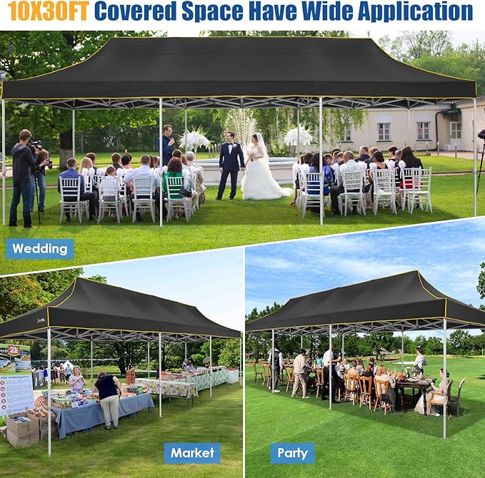 HOTEEL 10x30 Pop up Canopy Tent for Parties, Heavy Duty Easy Setup Tent Without Sidewalls, Outdoor Commercial Instant Gazebo for Wedding Event, with Portable Bag, Black(Hexagonal Frame)
