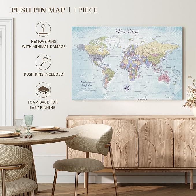 ElephantStock - Push Pin Travel Map World I Wall Art - Horizontal Canvas Wall Art - Living Room Wall Decor - Printmaking Map Canvas Art - Blue And Beige Decor - 48" x 32"