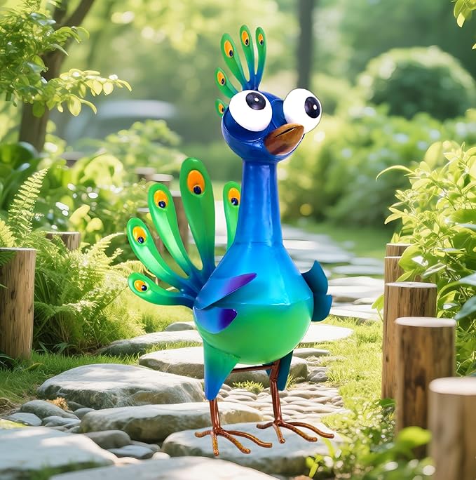 Metal Peacock Statue Garden Decor Cartoon Peacock with Bobbling Eyes Yard Art Lawn Patio Decoration Outdoor Sculpture for Housewarming Birthday Wedding