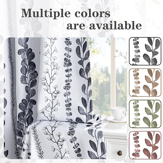 MEETSKY Boho Blackout Leaves Patterned Curtains 84 Inch Long 2 Panels Set for Bedroom, Room Darkening Dark Grey Drapes for Living Room, Thermal Insulated Rod Pocket Back Tab Window Treatment, 50"Wide