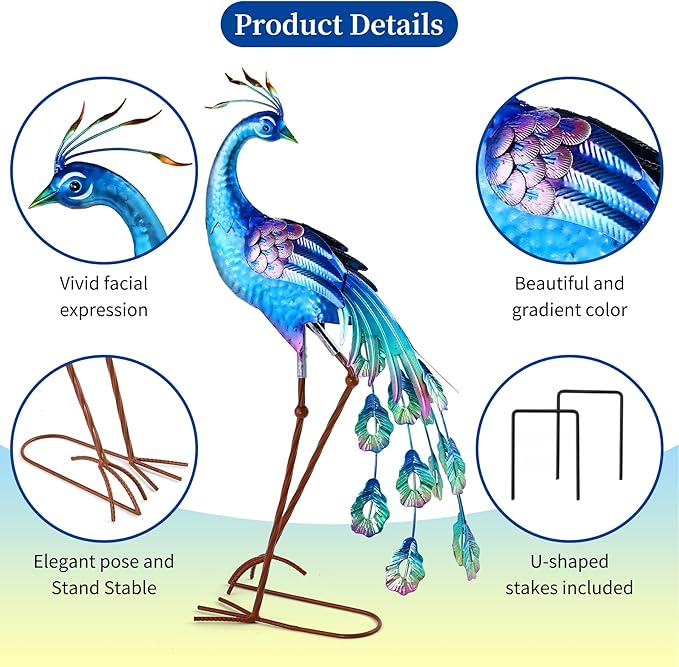 chisheen Metal Peacock Statue Garden Decor Yard Art Decoration Outdoor Sculpture,Set of 2,Housewarming Birthday for Women Mom