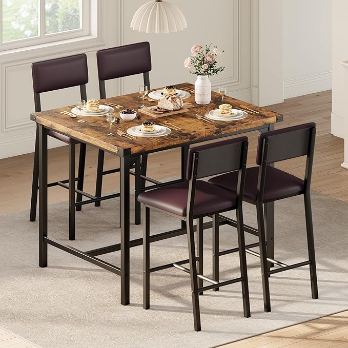 IDEALHOUSE Dining Table Set for 4 w/Counter Height Table & 4 Upholstered Bar Stools, 5-Piece Kitchen Table Set with Footrest & Corner Protector, for Kitchen Room, Apartment, Pub