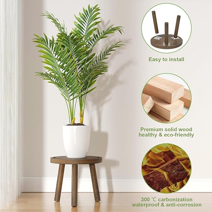 3-Pack Wood Plant Stands Indoor, Single Plant Stand for 6-12 Inch Pots, Mid-Century Modern Plant Stool, Tall Plant Stand for Large Plants for Living Room, Balcony, Office (Dark Gray)