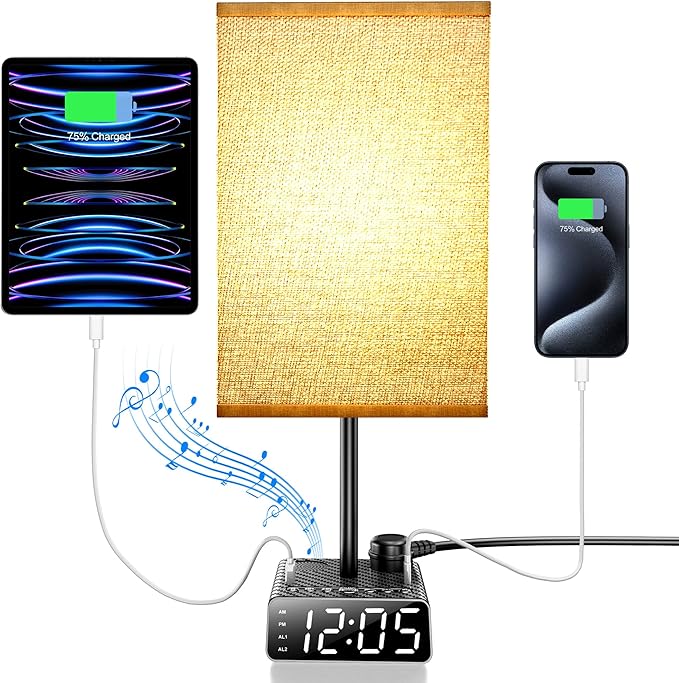 Yostyle Table Lamp with Alarm Clock Base, Bedside Lamp, 2 USB & 1 AC Power