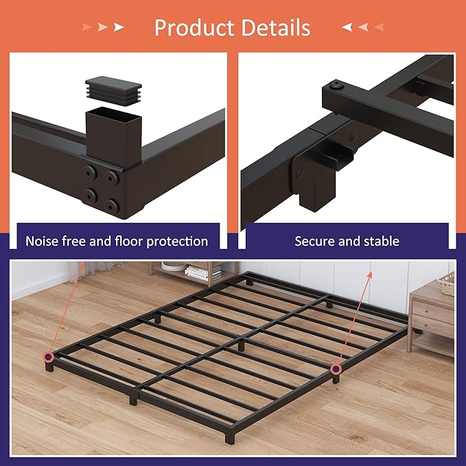3 Inch Bed Frame King Size Low Profile, King Bed Frame No Box Spring Needed, Heavy Duty Metal, Easy Assembly, Black