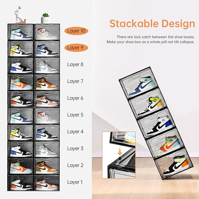 New Gray 8 Pack Shoe Boxes Stackable, Large Shoe Storage Organizer