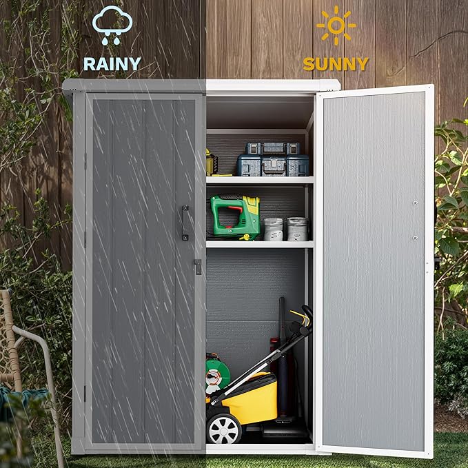 DWVO 60 Cuft Outdoor Tall Storage Shed with 2 Shelves, Weatherproof Vertical Tool Shed with Floor & Lockable Doors, Sturdy Double-Wall Plastic Cabinet for Garbage Cans and Garden Equipment (Gray)