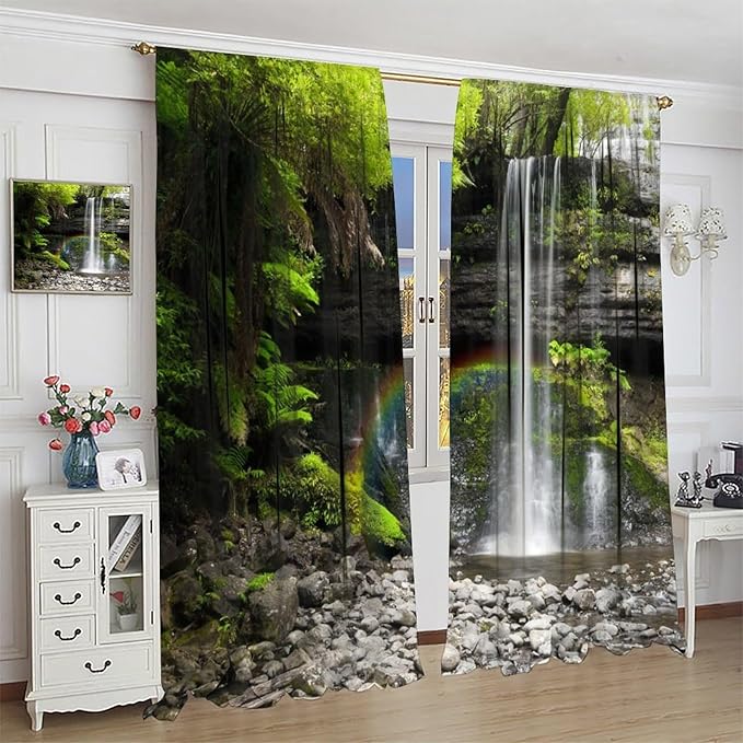 Natural Landscape Waterfall Blackout Curtains, Forest Falls Spring Natural Scenery Green Plant Tree Leaf Rod Pocket Window Drapes, for Bedroom Living Room 52" W X 84" L