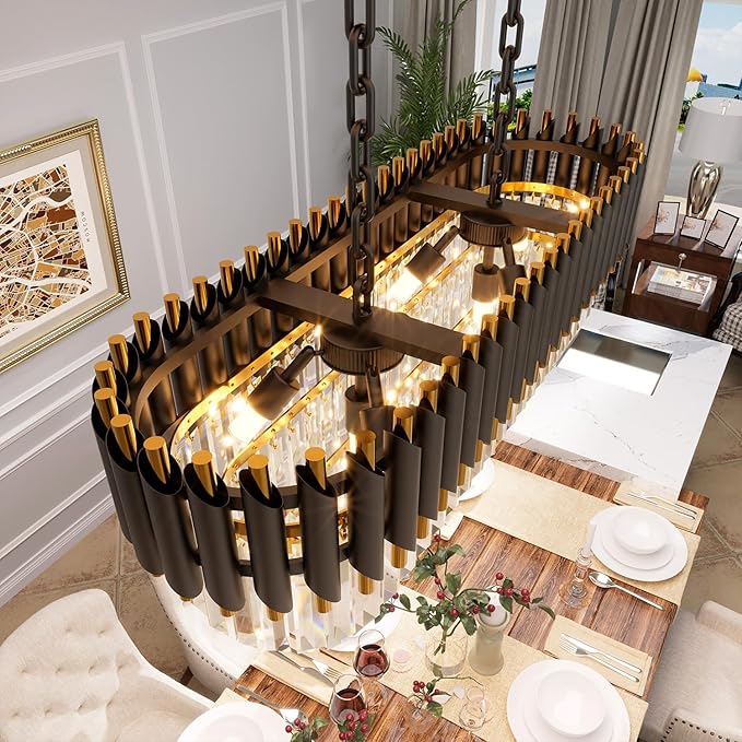 31.5" 8-Light Modern Black Gold Crystal Chandelier, Luxury Rectangular Raindrop