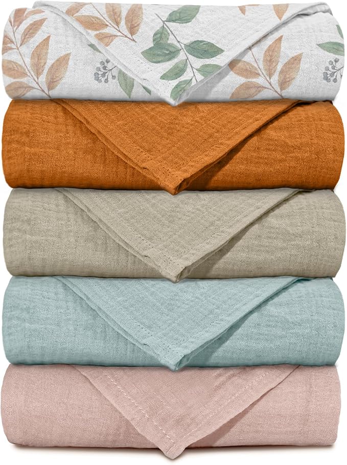 Muslin Receiving Blankets, Neutral Blanket Swaddling for Newborn Boys and Girls, 5 Pack Breathable and Skin-Friendly Swaddle Wrap for Infant Baby (Gentle Colors)