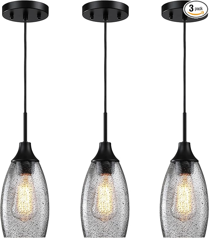 Mini Glass Pendant Light, 4.72" Black Glass Hanging Light 3-Pack Handblown