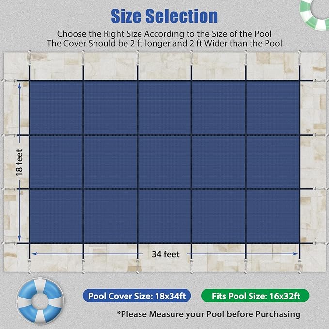 Inground Pool Cover Safety Fits Rectangle Swimming Pool, Mesh Solid Pool Cover for Inground Pools,Winter Pool Safety Cover Includes Safety Net and Installation Tools Blue (Blue, Fits 16x32ft Pools)