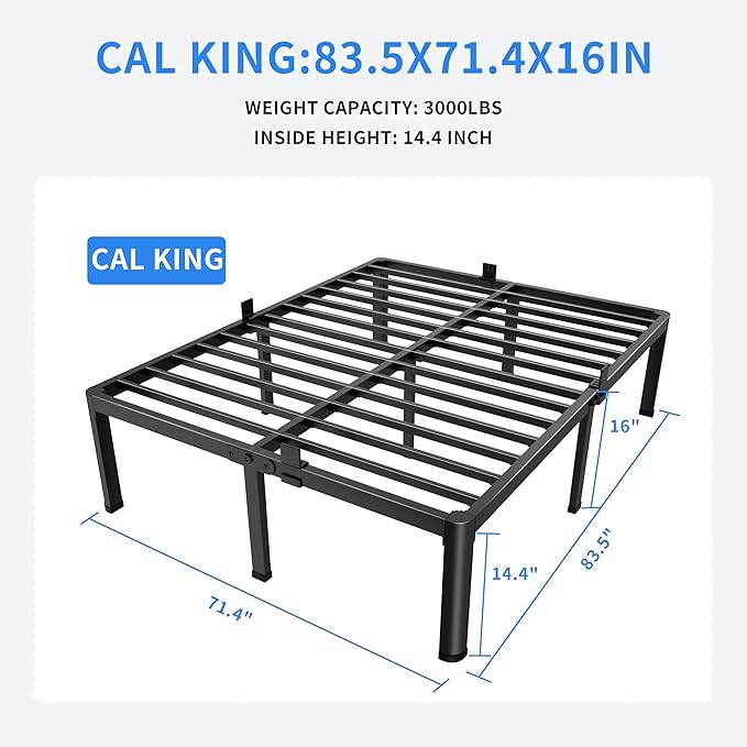 MAF 16 Inch California King Bed Frame with Round Corner Legs Mattress Slide Stopper No Box Spring Needed Heavy Duty Metal Platform Bed Frames, 3000 LBS Steel Slats Support