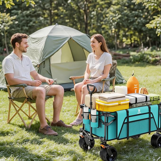 Navatiee Big Wheels Collapsible Wagon Cart Foldable, Heavy Duty Beach Wagon with Silent All-Terrain Wheels, Folding Utility Grocery Cart with Side Pocket and Brakes for Camping Garden Sports, Blue