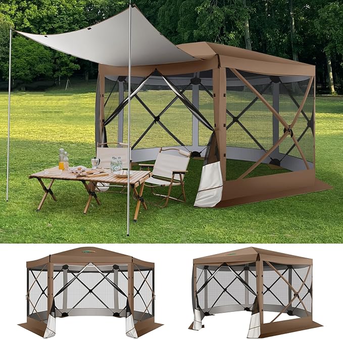 COBIZI 12x12 Pop up Gazebo Screen House Tent for Camping, Outdoor Canopy with Removable Roof&Mosquito Netting, Portable Hub with Carrying Bag and Ground Stakes, Brown