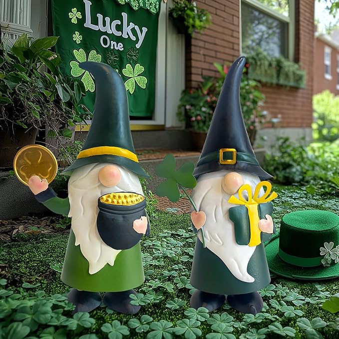 HONGLAND St. Patricks Day Decorations Outdoor Green Gnomes, Metal Gnomes Figurine Irish Leprechaun St Patricks Day Decor, Luck Shamrock Gnome for Home Outside Garden Lawn Party Yard Patio (14 INCH)