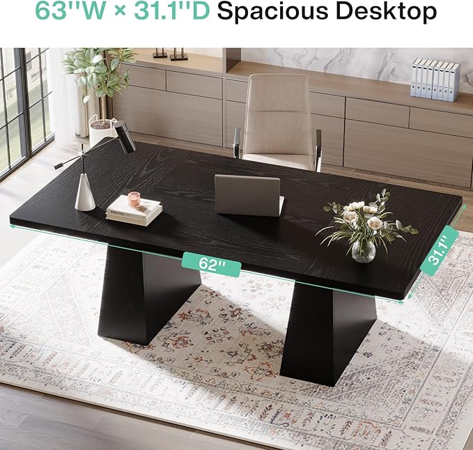 Tribesigns 63-Inch Executive Desk, Large Office Computer Desk with Double Pedestal, Modern Simple Workstations Writing Table Conference Table Business Furniture for Home Office, Black