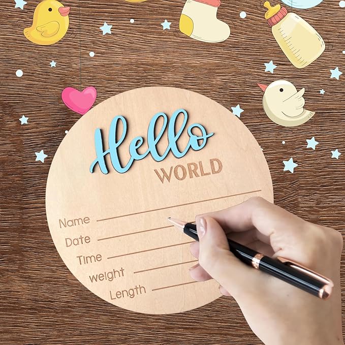 Baby Announcement Sign, 5.9 Inch Wooden Hello World Newborn Signs, Birth Announcement Sign, Baby Shower Hospital Nursery for Newborn Boys and Girls (Sky Blue,Pen)