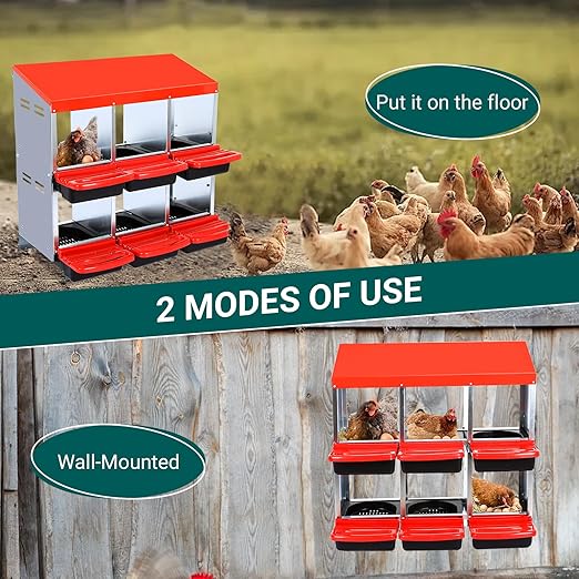 Garvee Chicken Nesting Boxes, 6 Hole Metal Chicken Laying Box with Removable Trays for Chicken Coop, Red
