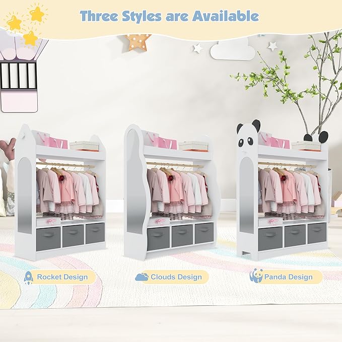 Kids Dress Up Storage Rack Mirror Wood Child Wardrobe 2 Hooks 2 Fabric Bins Toddler Closet Girls Boys Open Hanging Armoire Storage Shelf Coat Costume Hat Shoe (White/Panda/Three Drawers)