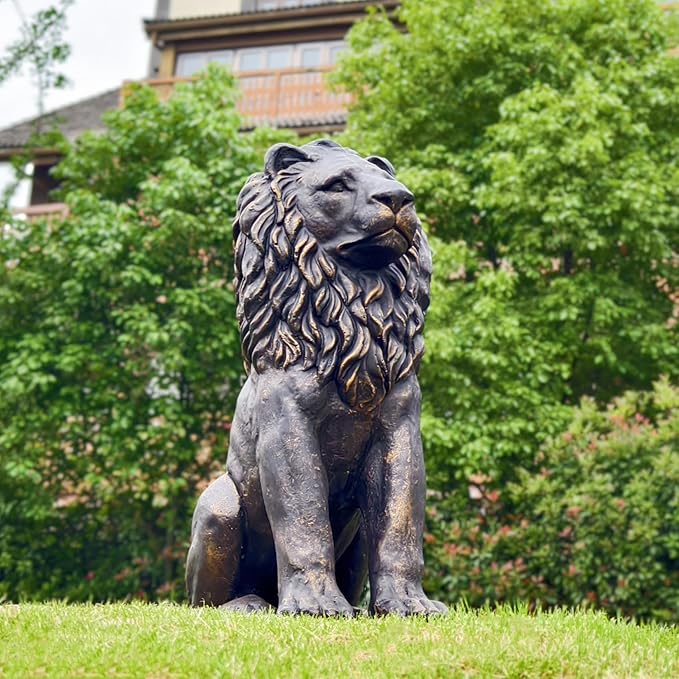Lion Statue Majestic Sitting Lion Sculpture Guardian Lion for Outdoor Garden Patio Yard and Lawn Decor in Antique Bronze 23'' High