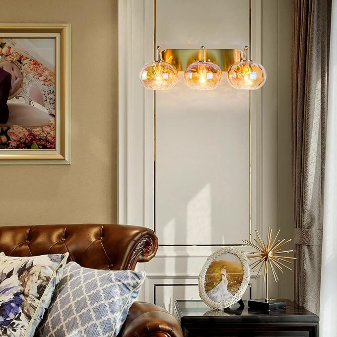 23" Brushed Gold Vanity Light Stained Amber Hammered Glass Wall Sconce 3-Light