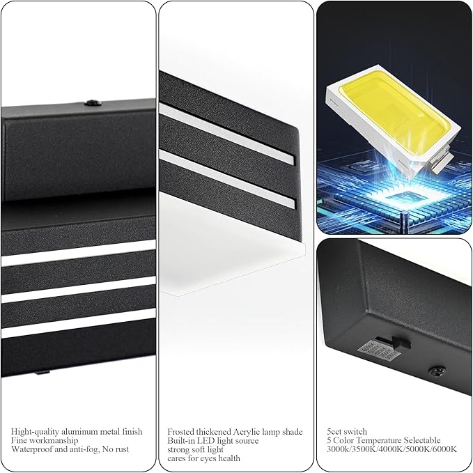 Ralbay Modern Black Bathroom Light Fixtures 5 Color Temperature Dimmable
