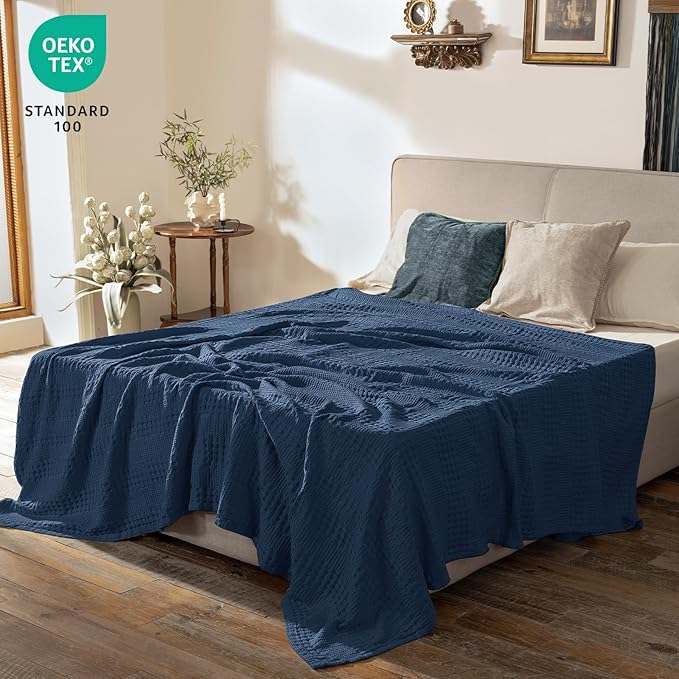 PHF Cooling Waffle Blanket Queen Size, Lightweight 60% Rayon Derived from Bamboo & 40% Cotton Breathable Blanket for Hot Sleepers, Soft and Luxury for Bed Couch and Sofa, 90"x90", Navy Blue