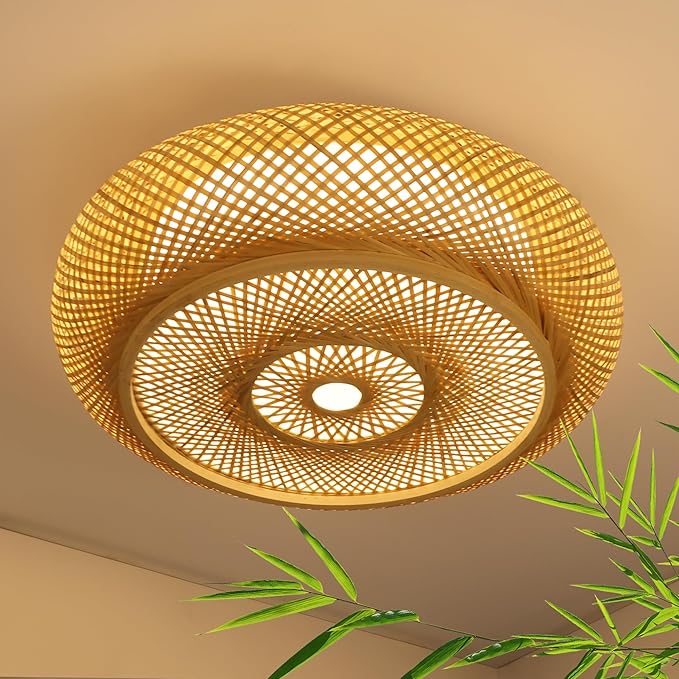 23.6 in Bamboo Woven Rattan-Style Ceiling Light, Boho Ceiling Light Fixture with Remote, LED Dimmable Ceiling Light, Boho Light Fixture for Bedroom Living Room Dining Room Light