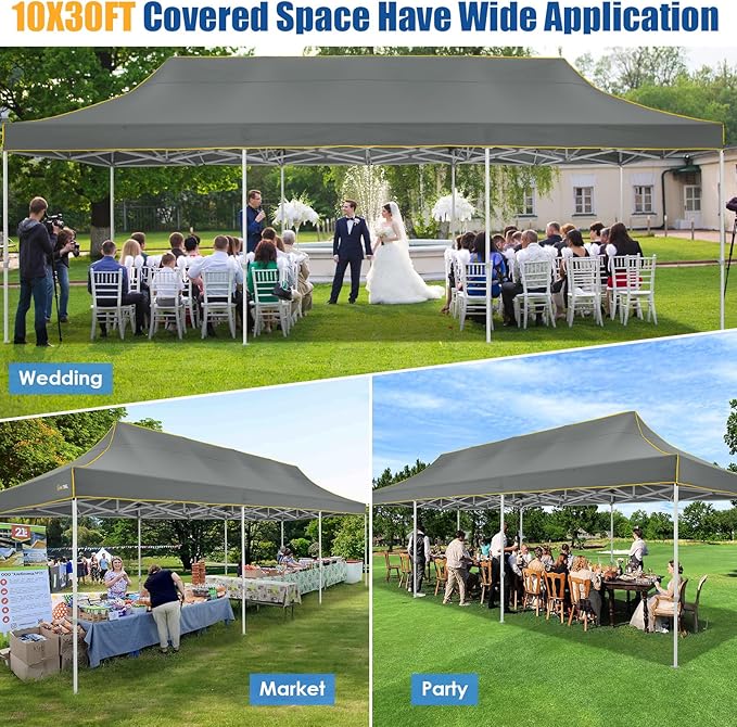 HOTEEL 10x30 Pop up Canopy Tent for Parties, Heavy Duty Easy Setup Tent Without Sidewalls, Outdoor Commercial Instant Gazebo for Wedding Event, with Portable Bag, Grey(Hexagonal Frame)
