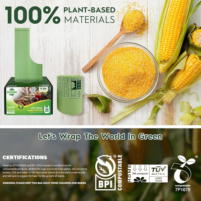 10-13 Gallon Compostable Trash Bags with Handles 30 Bags compost bags Food Scrap Green Waste Bags Thick 0.87 Mil 49.21 Liter ASTM D6400, US BPI and OK Compost Home Certified