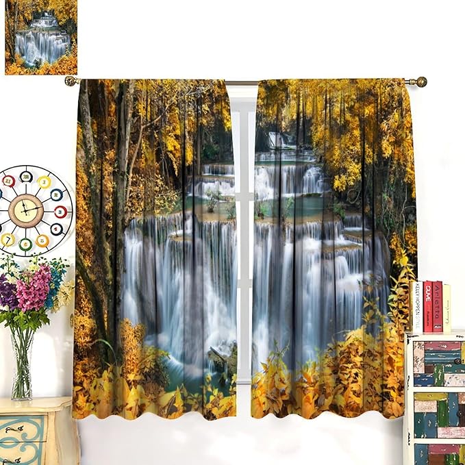 Waterfall Blackout Curtain, Autumn Season Trees Leaves Natural Landscape Window Drapes, for Bedroom Living Room 52" W X 84" L