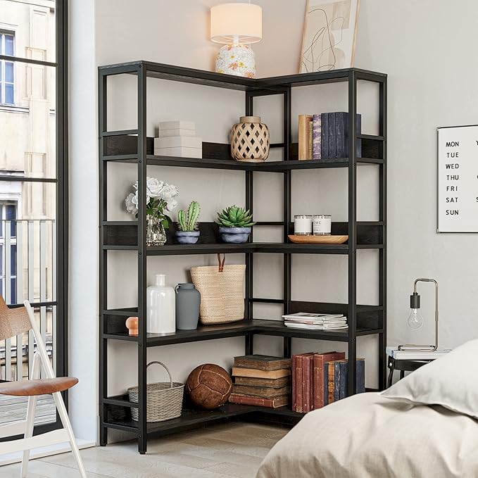 IRONCK Industrial Bookshelves 5 Tiers Corner Bookcases with Baffles Etagere Shelf Storage Rack with Metal Frame for Living Room Home Office