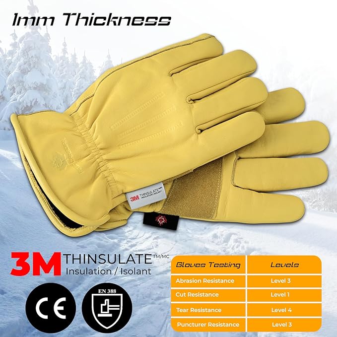 1 Pair Winter Heavy Duty Leather Work Gloves for Men & Women – Water-Resistance, Cowhide Construction & Yard Leather Gloves – Puncture Resistant Safety Gloves for Landscaping & Outdoor Use (XS)