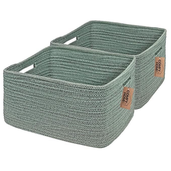 COMFY-HOMI 2 pcs Large Storage Baskets for Shelves, Laundry Basket, Woven Rope Basket, Closet Organizer Bins for Clothes Blanket Towels, Baby Nursery, Gift Toy Baskets, 17” x 13” x 7.5”-Green