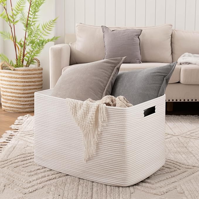 OIAHOMY 118L XXXLarge Cotton Rope Storage Basket, Oversized Blanket Basket, Used for Organizing Dirty Clothes in Living Room, Bedroom, Nursery, Dog Toy Storage Bins, 25" x 17" x 16",White