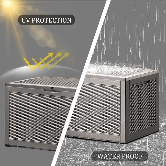100 Gallon Waterproof Deck Box, Lockable Resin Storage Box for Patio Furniture Cushions Garden Tools and Outdoor Delivery Storage, Coffee