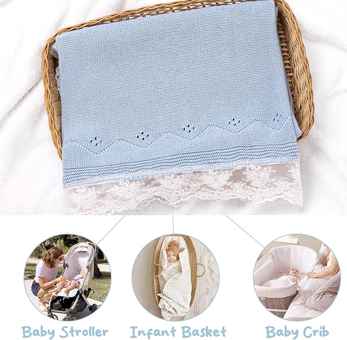 Booulfi Baby Blankets Neutral Knitted Blue Cotton Blue Baby Blanket Stroller Lace Border Crochet Winter Crib Baby Blanket New Baby Essentials