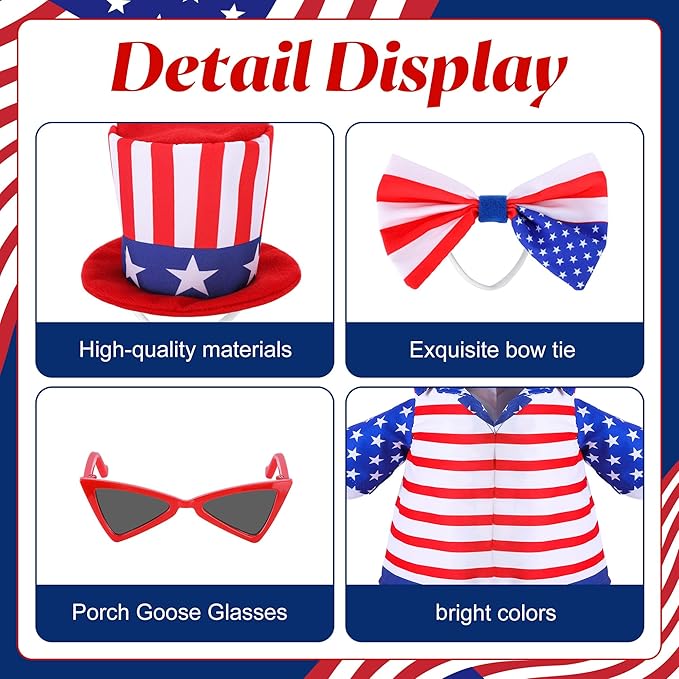 4 Pcs/Set 4th of July Porch Goose Outfit, 23" High Lawn Goose Statue Patriotic Costume Clothing, Independence Day Porch Garden Geese Clothes with Hat Glasses Bow Tie for Outdoor Patio Yard Decoration