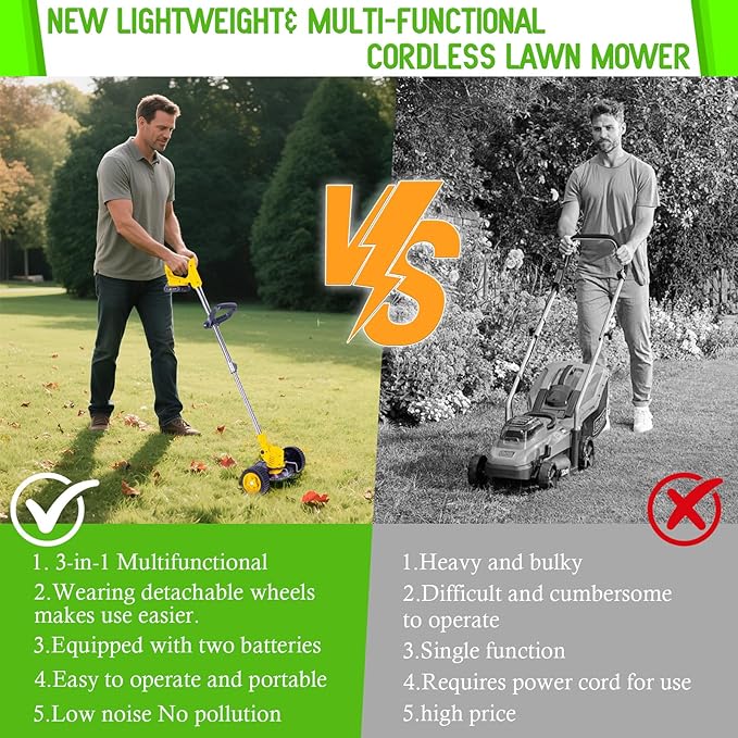 Weed Wacker Cordless Adjustable Weed Eaters 3 in 1 Electric String Trimmer Lawn with Two Battery with Charger Comes with Multiple Blades for Yard,Green,Garden(Yellow)