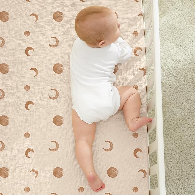 Bearmoss Muslin Mini Crib Sheets for Pack N Play Mattress - 100% Cotton - 38"x26" Soft Breathable Playard Baby Crib Sheets Neutral for Boys Girls - 2 Pack (Brown Moon)
