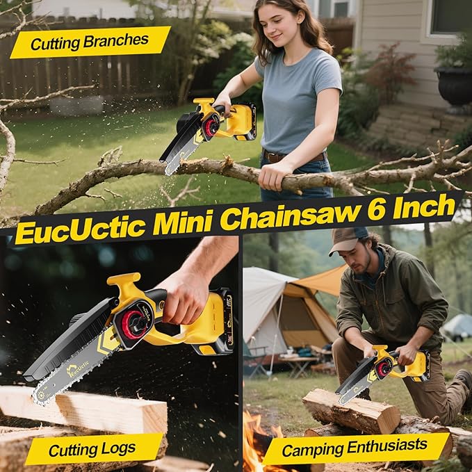 Mini Chainsaw 6 Inch Cordless, Brushless Small Chainsaw Battery Powered with 2 Batteries, Handheld Chain saw for Tree Trimming, Wood Cutting, Home Garden DIY, Best Gifts for Dad, Women