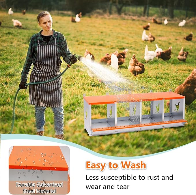 Chicken Nesting Boxes, 4 Rooms Hens Nest Box, Metal Poultry Nest Box Wall Mount for Chickens Egg Laying Box Collection Vented Holes Chicken Coop Cages Equipment, Orange (4 Rooms)