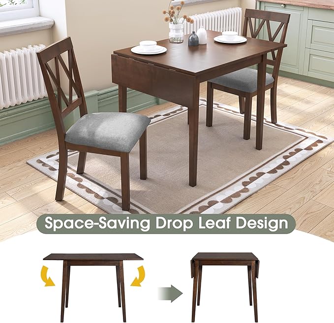 Merax Farmhouse Wooden Dining Set of 3, 45.6 inch Extendable Kitchen Table with Drop Leaf, 2 Chairs with Backrest for Small Space, Easy Assemble Brown