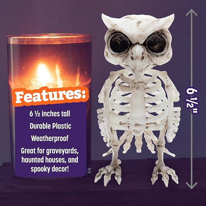 SCS Direct Owl Skeleton Halloween Decoration (2 Pack) - 6.5" Long - Weather Resistant for Indoor/Outdoor - Upgrade Your Fall Graveyard Haunted House Party Props, Trick-or-Treat Decor