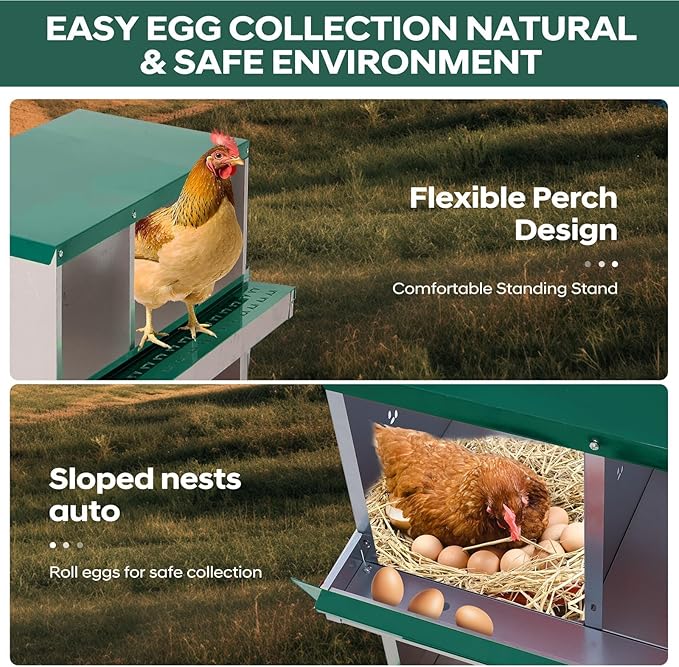 Nesting Boxes for Chickens, 3 Compartments, Nesting Boxes with 4 Dummy Eggs and 10 Dampproof Pets Mats, Green, Stainless Steel, Wall-Mountable & Roll Away Design with Stand